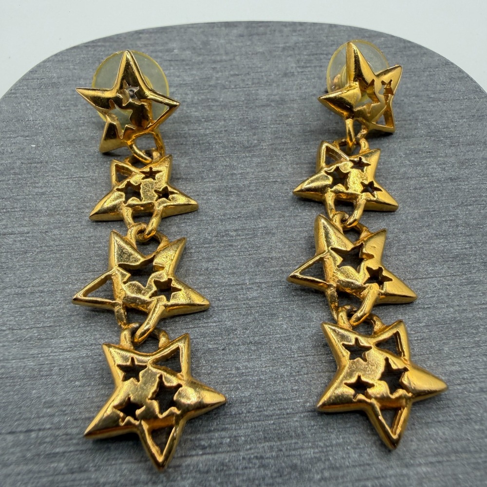 Gold Tone Star Dangle Drop Earring Celestial Cutout Statement Pierced Hook Clasp